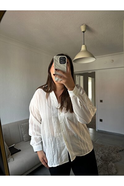 bestie co Kadın Beyaz Oversize Transparan Gömlek