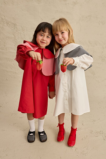 Fahhar Kids Rochie dublă cu model cu carouri gingham guleri, roșie