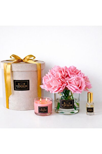 VINNOS HOME CONCEPT Islak Dokulu Yapay Pembe Gül Vazo, Kokulu Mum, Çiçek Parf...
