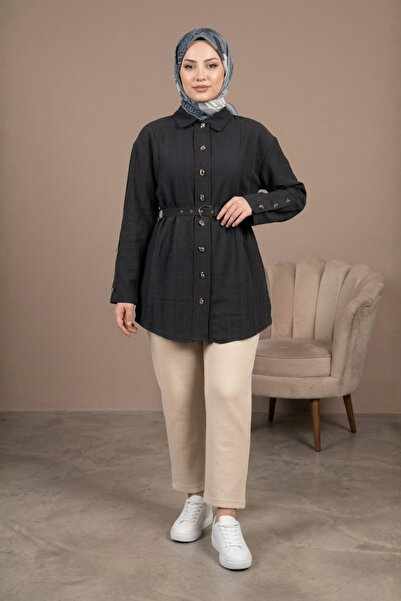 Tesettür Diyarı Κορέλ Τάνσελ Υφασμάτινο Πουκάμισο Τεσεττούρ με Ζώνη - Ανθρακί