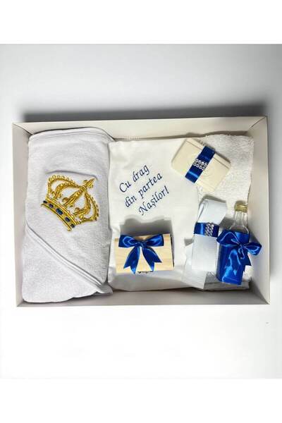 Your Baby Store Trusou botez coroana -albastru electric, brodat, 7 piese, bumbac