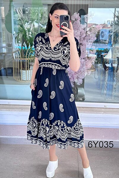 İnce Topuk V Yaka Beli Lastikli Viskon Elbise 6y035