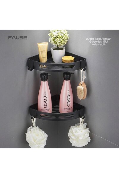 Fause Banyo Köşe Rafı 304 Paslanmaz Çelik Şampuanlık Yapışkanlı veya Vidalı 23x23 cm Siyah KBK100-B