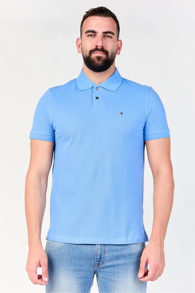 Tommy Hilfiger Men Regular Fit Embroidered Short Sleeve Polo Shirt, Sky Blue