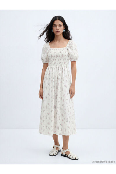 LC Waikiki Peak New Season Boat Neck Floral Balloon Sleeve Poplin Dress