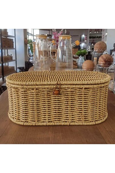 Coşev Hasır Rattan Kapaklı Saklama Kutusu Organizer Çok Amaçlı 32 *16*13 cm