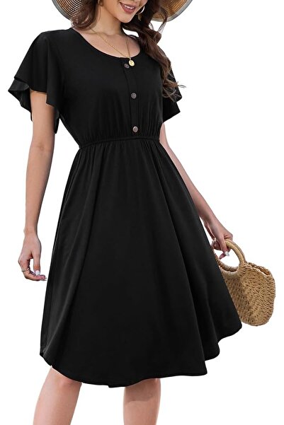 OEM Beluring Rochie de Vară Swing Midi S Neagră Bumbac cu Buzunare și Mânecă ...