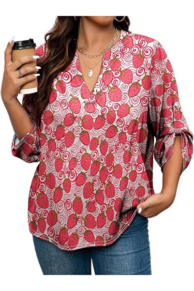 OEM Generic Summer Shirt Plus Size 3XL Red, V-Neck, Strawberry Print, Beach