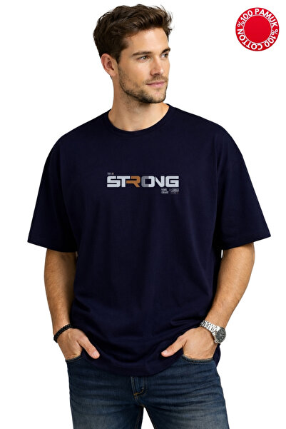 CLAYES Strong Printed Navy Blue Oversized T-Shirt - 100% Cotton