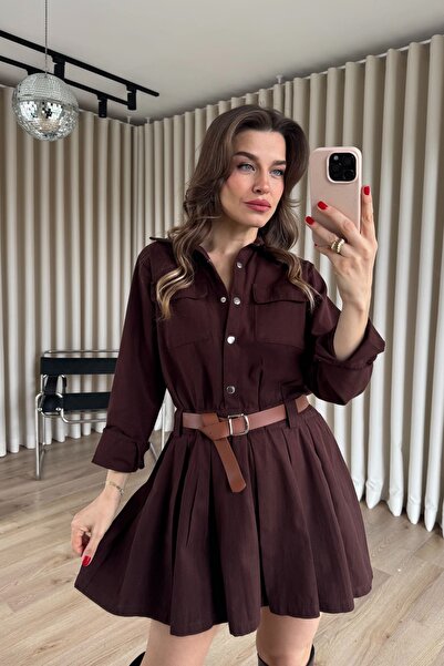 Sue Store Fusta cu capse Bitter Brown cu pliuri curea piese gabardină rochie ...