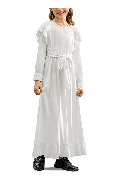 OEM BesserBay Rochie Maxi Fetițe Albă 7-8 ani Bumbac Mânecă Lungă cu Volănașe