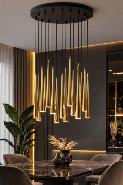 demet habek mylights Modern Tasarım 15 li Sarkıt Avize Mat Altın Konik Başlık...