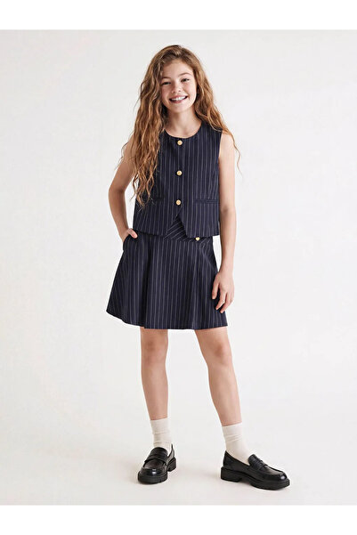 LC Waikiki Lcw Kids Navy Blue Button Detailed Striped Girls' Skirt