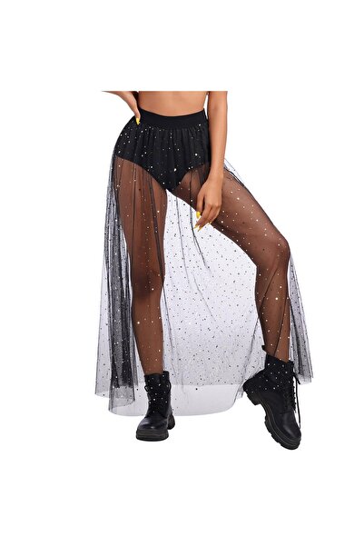 OEM Maxi Skirt - Sheer Tulle - size M - Black - Glitter Festival Party Evenin...