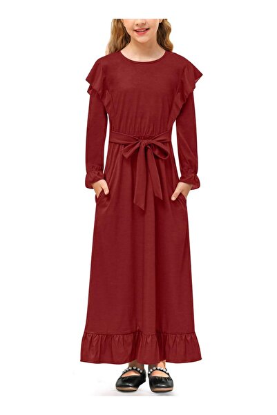 OEM BesserBay Red Long Sleeve Maxi Dress 11-12 Years Cotton Elegant with Ruffled