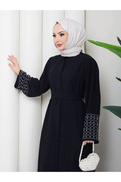 Efsun Kol Ucu İnci Ve Taş İşlemeli Kuşaklı Siyah Ferace Abaya