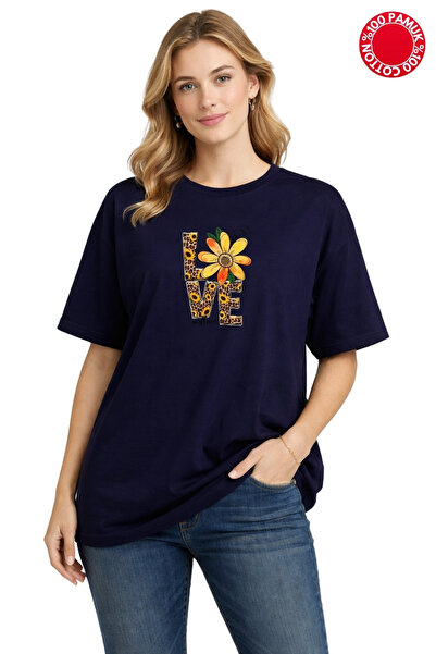 DUBU BUTİK TRICOU OVERSIZE ALBASTRU ÎNCHIS CU IMPRIMEU LOVE FLOWERS - 100% BU...