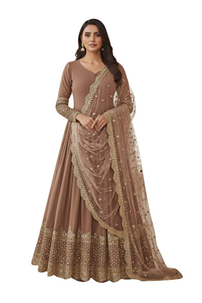 MYSMAR فستان بني من قماش الجورجيت الصناعي - HRT7022 | بني