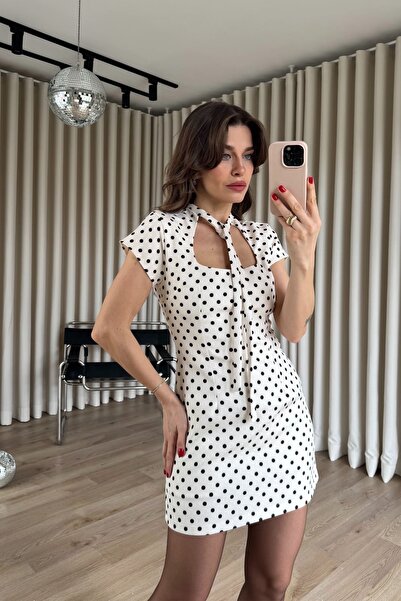 Sue Store Ecru Polka Dot Piece Mini Dress with Collar Tie-Detail Lined