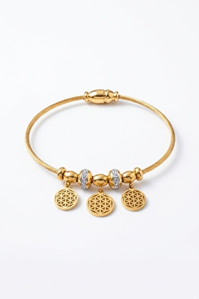 HediyemStil Flower of Life Detailed Gold Steel Mesh Handcuff Bracelet
