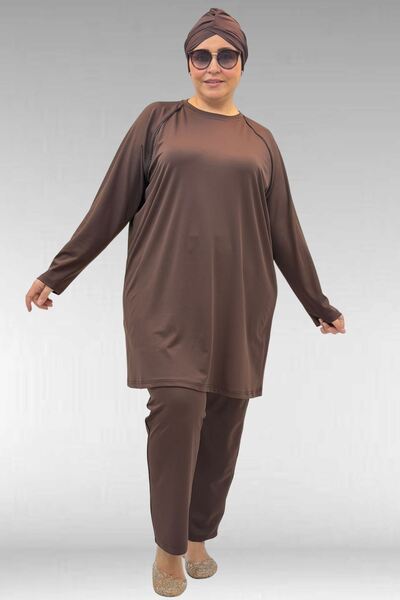 Eslina 1741 Büyük Beden Kıstırma Biyeli Tesettür Mayo - Kahve