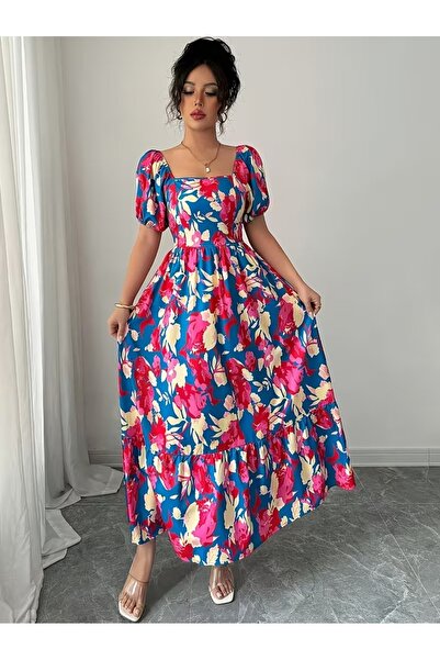 Lovisah Styles Colorful Spring And Summer Floral Print Puff Sleeve Square Nec...