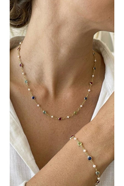 Wind Silver Mix Renkler İnci Karışımı Set Kolye Bileklik 925