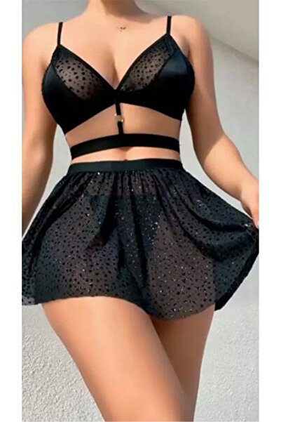 Bleu Petite Black Color Glitter Detailed Skirted Bra Set