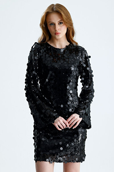 Sense Lined Big Sequined Sequin Evening Dress |   Elb36673 Black