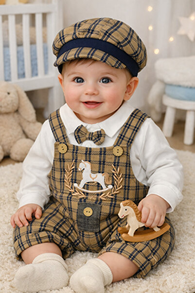 My Babies Label Baby Boy Plaid Pattern Embroidery Detailed Hat and Salopet Se...