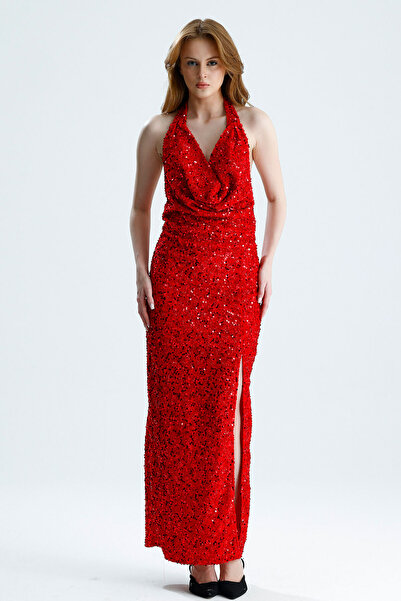 Sense Lined Open Back Degaje Yaka Velvet Sequin Evening Dress |   Elb36670 Red