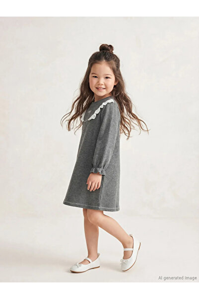 LC Waikiki Lcw Kids Anthracite Crew Neck Embroidered Girls' Dress
