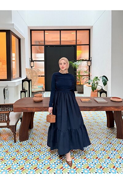 Miraydın Butik Women's Ruched Sandy Poplin Dress M91110 - Navy Blue