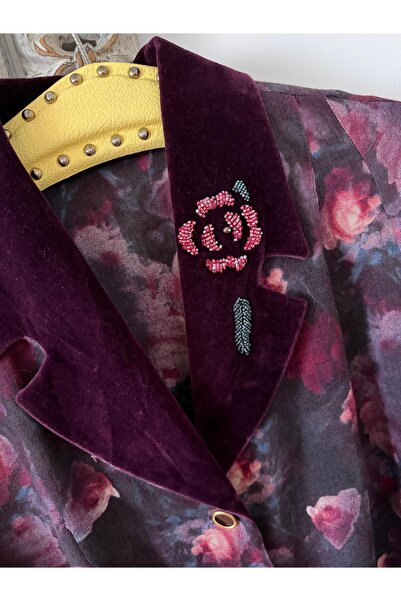 Retrokare Çiçek desenli kadife yakalı yün ithal gömlek