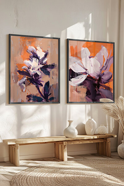 STARYUNA Black Wooden Framed Abstract Lily Flower Double Painting Set Yuna635
