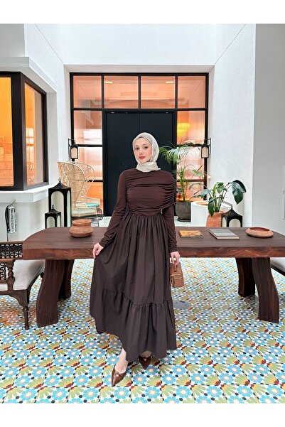 Miraydın Butik Women's Ruched Sandy Poplin Dress M91110 - Brown