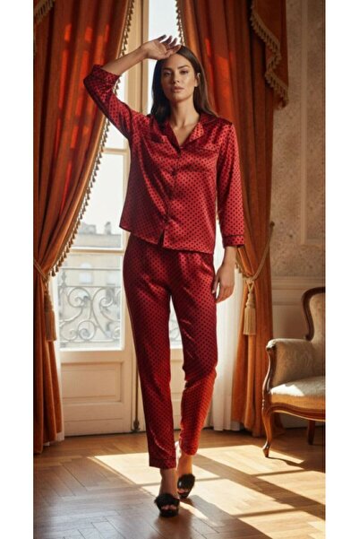 Espuar Дамски комплект пижама от сатен с дълги ръкави и яка с копчета
