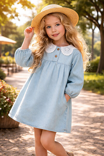 almira anne bebek Çocuk Giyim Kız Elbise Yazlık Mavi Kot Dantel Yakalı