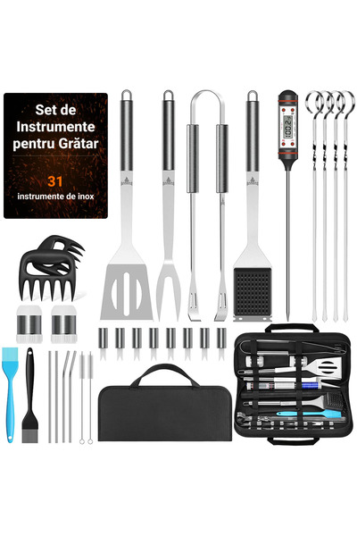Bukate Set Profesional 31 Accesorii pentru Gratar din Otel Inoxidabil cu Husa...