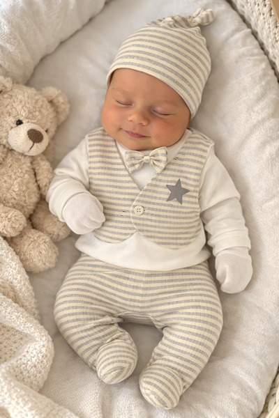 Arin Baby 5 Lİ GRİ ÇİZGİLİYENİ DOĞAN HASTANE ÇIKIŞI/ERKEK BEBEK ZIBIN SETİ/KU...
