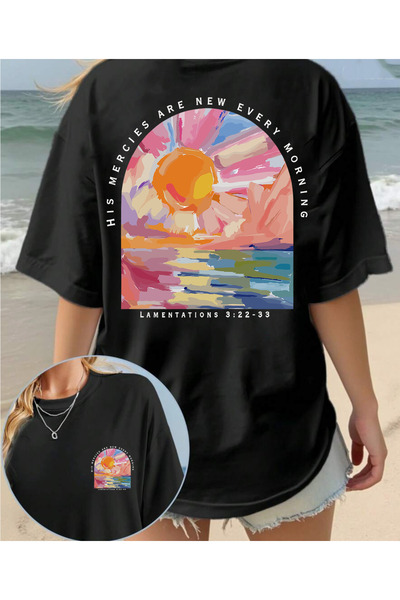 SUNFREE Tricou negru cu mânecă scurtă LANDSCAPE, cu imprimeu Oversize, guler ...