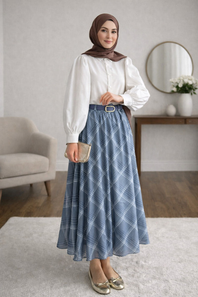 PIOVE Women's Plaid Patterned Long Skirt – High Waist Midi Length Casual Styl...