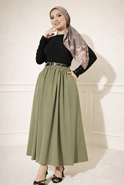 PIOVE Kadın Beli Kemerli Pileli Uzun Etek – Yüksek Bel Rahat Kesim Günlük Şık...