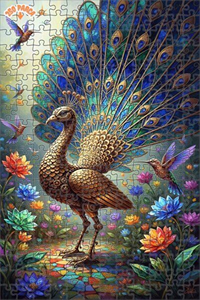 Esranın Dünyası Golden Feathered Peacock Surrealist Art Double-Layer Framed W...