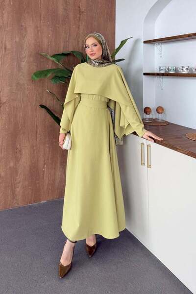 Hazamoda Double Cape Dress in Oil Green