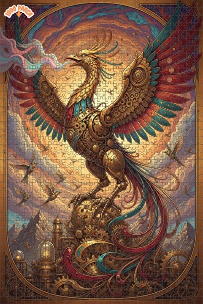 Esranın Dünyası Mechanical Phoenix Oil Painting Look Double Layer Framed Wood...