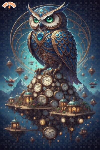 Esranın Dünyası Magical Time Owl Oil Painting Lookalike Double-Layer Framed W...