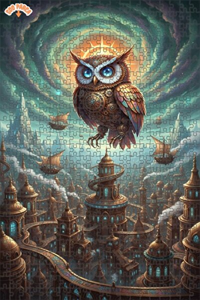 Esranın Dünyası Mechanical Owl Futuristic Cityscape Oil Painting Double-Layer...