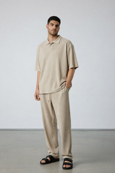 Shine Stone Men's Striped Crepe fabric polo collar tracksuit set