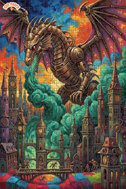 Esranın Dünyası Mechanical Dragon Steampunk City Oil Painting Double-Decker F...